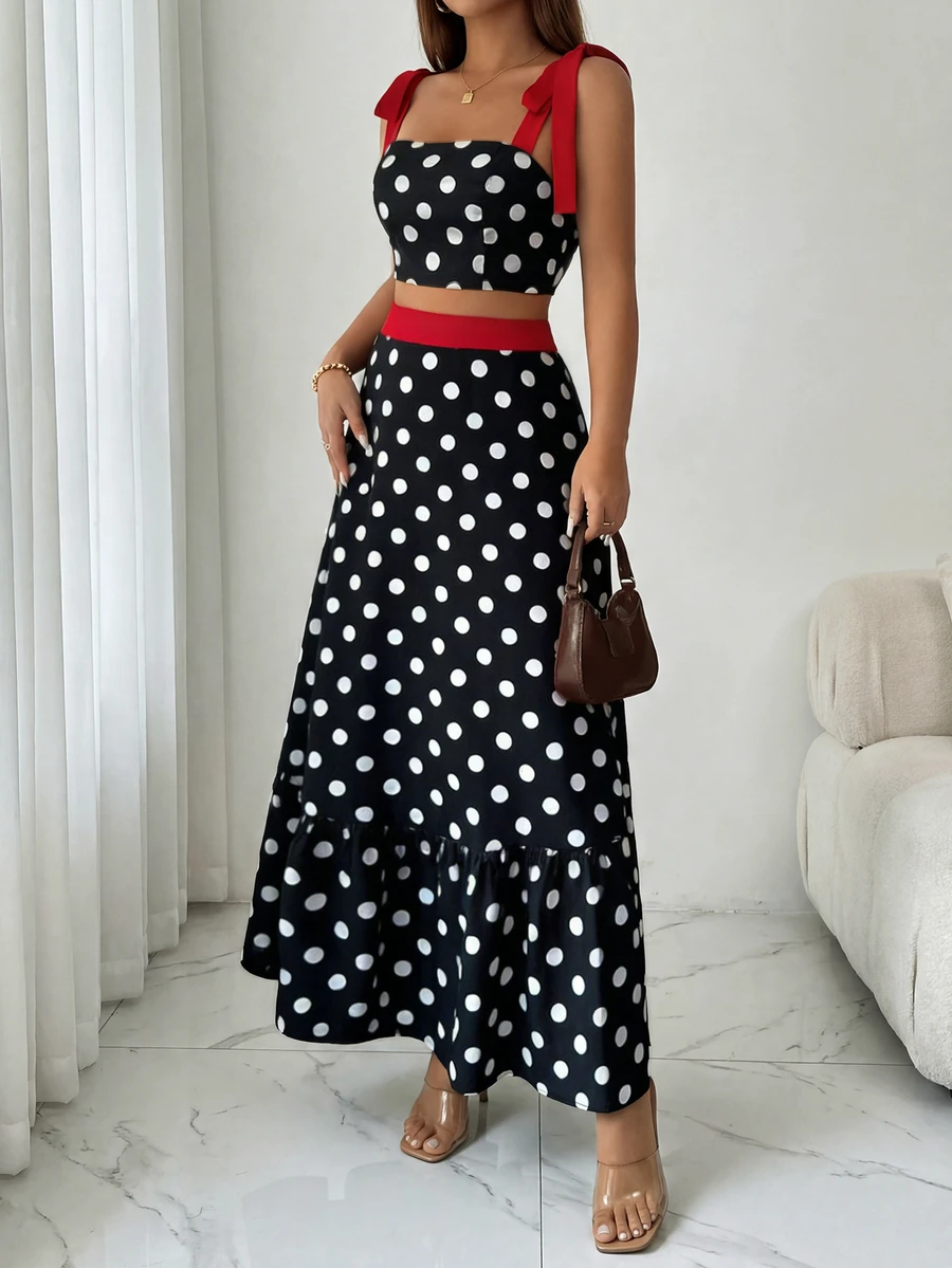 Black & White Polka Dot Woven Poplin Set – 2pcs Crop Top + Maxi Skirt, Red Bow Shoulder Straps & Waistband, Square Neck, Tied Back, Tiered Ruffle Hem, Fitted Silhouette, Lightweight Breathable Fabric – Perfect For Summer Parties, Date Nights & Beach Vacations – Retro, Feminine & Eye - Catching