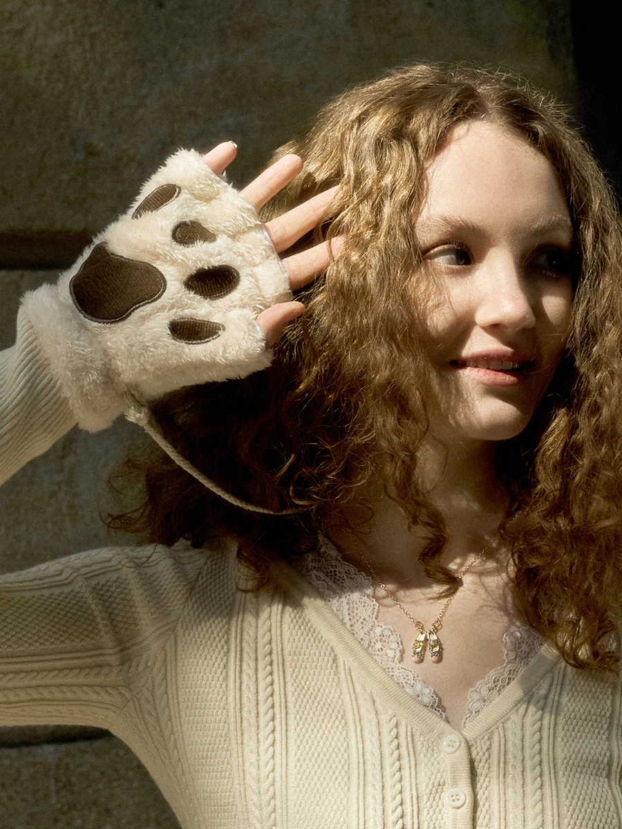 Hatastic 1 Pair Of Cute Cat Claw Fingerless Gloves, Thick, Warm, And Cold Resistant Plush Gloves, Suitable For Daily Use By Winter Girls, With A Rope - Multicolor - View 1