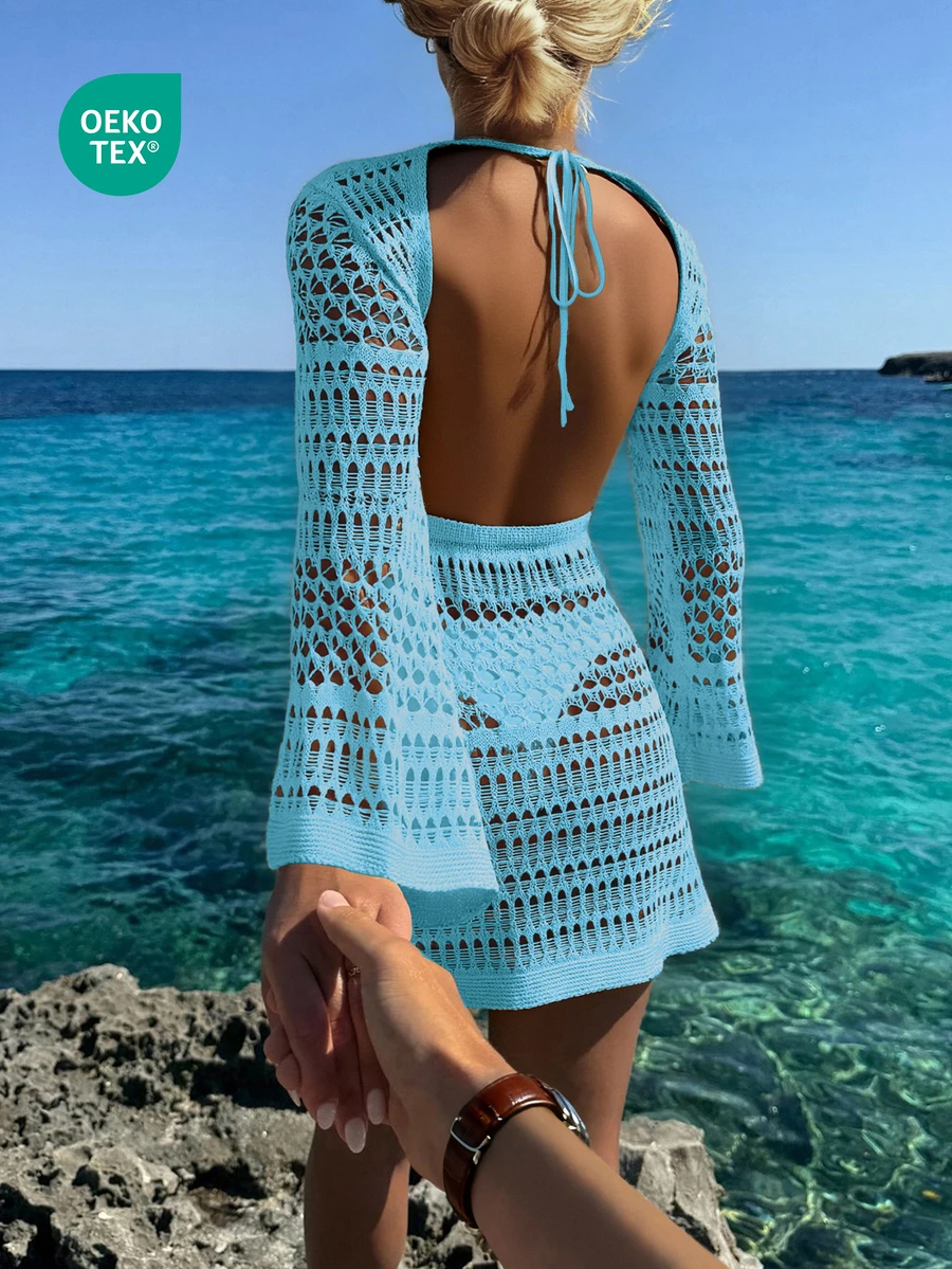 女士春夏波西米亚性感镂空露背长袖钩针编织罩衫沙滩度假连衣裙