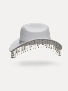 TuEzra 1pc Women's Solid Color Sparkling Crown, Fringe, Faux Rhinestone Embellished Western Cowboy Hat, For Casual Wear, Party, Wedding, Festival Halloween - Multicolor - View 4