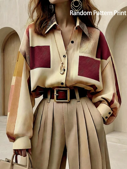 Retro Geometric Color Block Shirt, Featuring Artistic Geometric Patterns In Beige, Reddish Brown, Khaki, Collared Design With Button Front, Lantern Sleeves, Vintage Chic, Suitable For Commuting, Artistic Gatherings, Casual Outings (Random Print)
