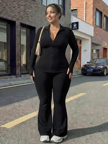 女士纯色健身套装，长袖运动上衣和紧身裤，健身房锻炼跑步服 - 黑色 - 查看 1