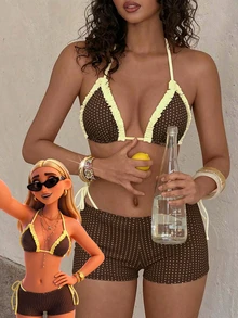 Sultry Sol 3pcs Women Bikini Swimwear, Casual Polka Dot Pattern Beach Swimwear, Brown & Yellow Shorts, Fashionable For Outdoor, Fitness, Daily Wear, Y2K, 2000s - Brown - View 4