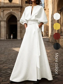 2026春秋新款时尚蝙蝠袖V领系带腰身不对称A字开衩连衣裙，女士春夏新款长裙，女士夏季套装，宽松版型，系带腰身设计，适合各种身材，多功能简约设计，带口袋，优雅白色 - 白色 - 查看 3