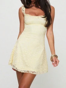 Elegant Fashion Ruffle Strap Bow Design Lace Patchwork Sleeveless Slim Fit Mini Dress - Yellow - View 2