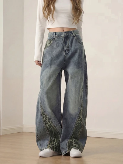 YUMINOW Women's New Leopard Print Niche Design Casual Commuter Vintage Fashion Versatile Denim Jeans