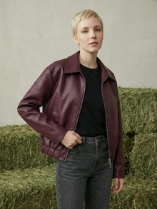 女士常规款仿麂皮长袖单排扣宽松休闲外套，适合春季穿着；女士口袋金属纽扣短款军绿色外套，适合春秋季穿着。 - 酒紅色 - 查看 1