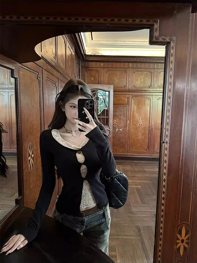 Spring New Lace Knit Sweater Women, Slim Fit Long Sleeve T-Shirt