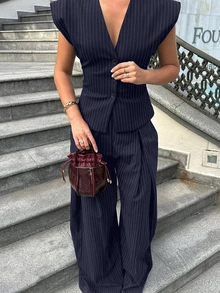 Women's Fashionable And Elegant 2-Piece Outfit, Sleeveless V-Neck Striped Blazer Top And Pleated Wide-Leg Pants Set, Summer Vacation - Navy Blue - View 2