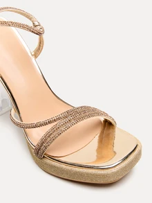 TuEzra Women's High Heel Sandals With Transparent Rhinestones, Square Toe, Waterproof Platform, Chunky Heel, Adjustable Buckle Strap, Sexy Party Shoes - Gold - View 4