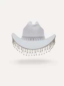 TuEzra 1pc Women's Solid Color Sparkling Crown, Fringe, Faux Rhinestone Embellished Western Cowboy Hat, For Casual Wear, Party, Wedding, Festival Halloween - Multicolor - View 2