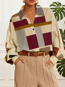 Retro Geometric Color Block Shirt, Featuring Artistic Geometric Patterns In Beige, Reddish Brown, Khaki, Collared Design With Button Front, Lantern Sleeves, Vintage Chic, Suitable For Commuting, Artistic Gatherings, Casual Outings (Random Print) Spring - Flower - View 2