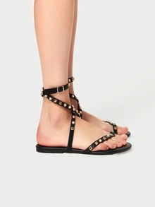 DareSee 时尚女士黑色平底铆钉 T 型带罗马凉鞋 - 黑色 - 查看 3