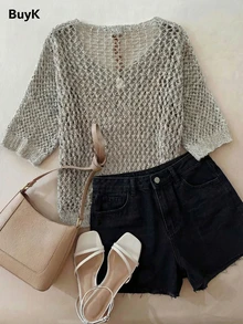 BuyK 【上衣】女士钩针编织V领短袖透视网纱镂空沙滩罩衫宽松波西米亚风夏季灰色婚礼宾客新娘母亲礼物度假游轮海岛蜜月旅行装 - 灰色1 - 查看 3