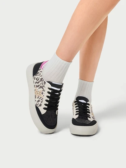DareSee Women Casual Sneakers With Glitter Star Decoration, Lace-Up Low Top Trainers; Leopard Print Black Casual Round Toe Dirty Shoes For Women, Slip-Resistant Soft Bottom Shoes For Home, Walking, Outdoor