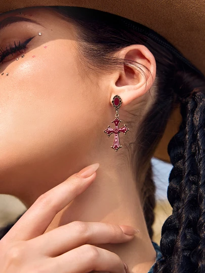 DareSee 1 Pair Gothic Dark Forest Chic Black Enamel Cross Drop Earrings For Women, Suitable For Banquet, Party And Daily Wear