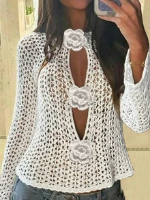 Women's Delicate 3D Floral Hollow Out Knit Cover Up, Sexy Cropped Versatile Sheer Cover Up - White - View 3