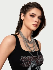 DareSee 1 件夸张多层朋克嘻哈项链，女士时尚粗链毛衣项链 - 銀色 - 查看 3