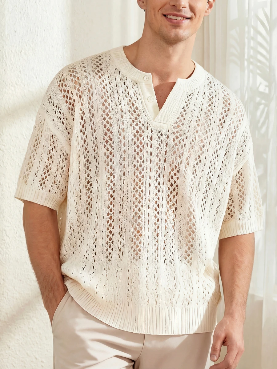 Men's Transparent Knit Henley Neck Short Sleeve Loose Sweater - White - View 1