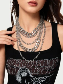 DareSee 1 件夸张多层朋克嘻哈项链，女士时尚粗链毛衣项链 - 銀色 - 查看 4