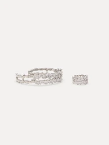 TuEzra Set Cincin dan Gelang Dekorasi Asimetris Zirkonia Kubik Modis (2 buah) - Perak - View 4