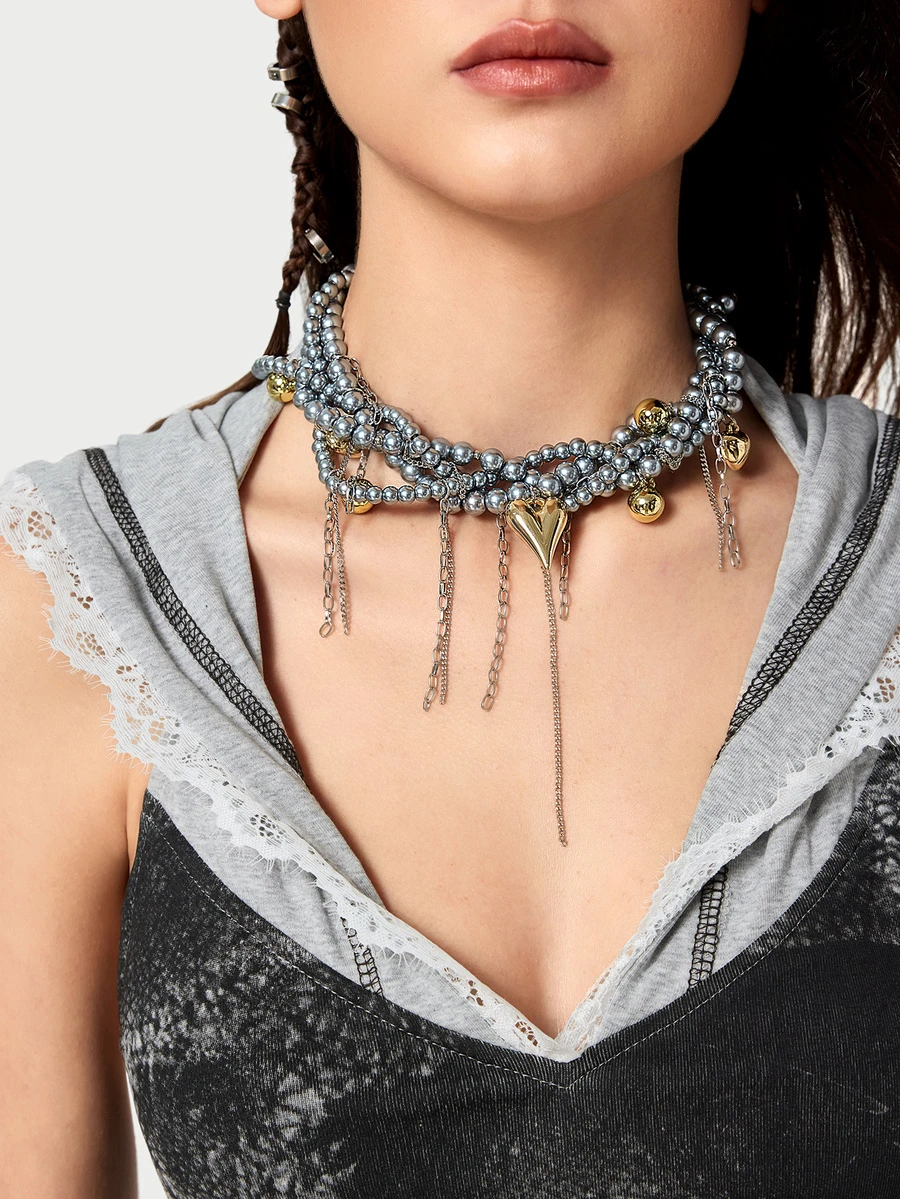 DareSee Dark Style Multi-Layer Faux Pearl Wrapped Golden Heart Tassel Necklace, Women's Contrast Beaded Choker Necklace, Punk Hip-Hop Handmade Beaded Necklace - Grey - View 1