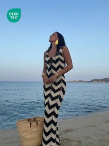 女士时尚波浪纹针织罩衫连衣裙，性感V领系带镂空沙滩度假连衣裙，夏季 - 彩色 - 查看 1