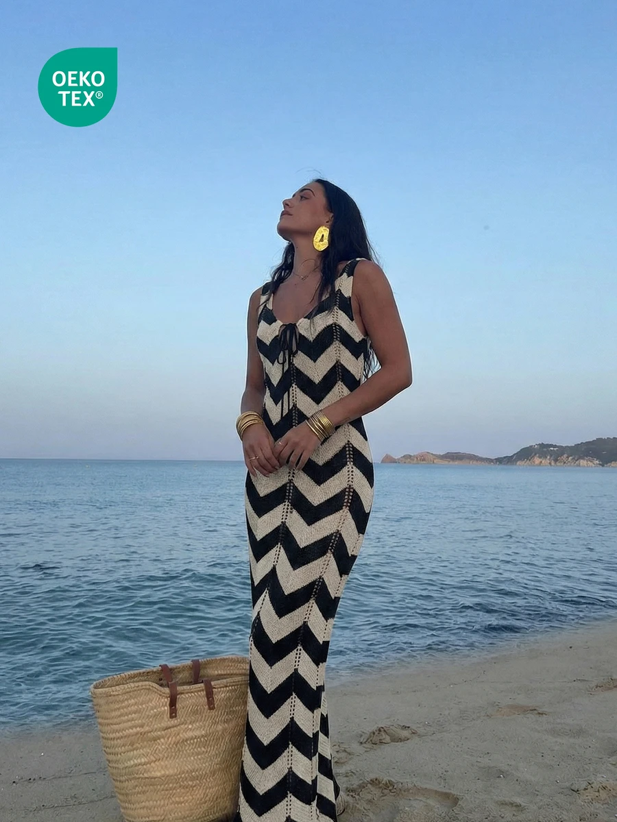 女士时尚波浪纹针织罩衫连衣裙，性感V领系带镂空沙滩度假连衣裙，夏季 - 彩色 - 查看 1