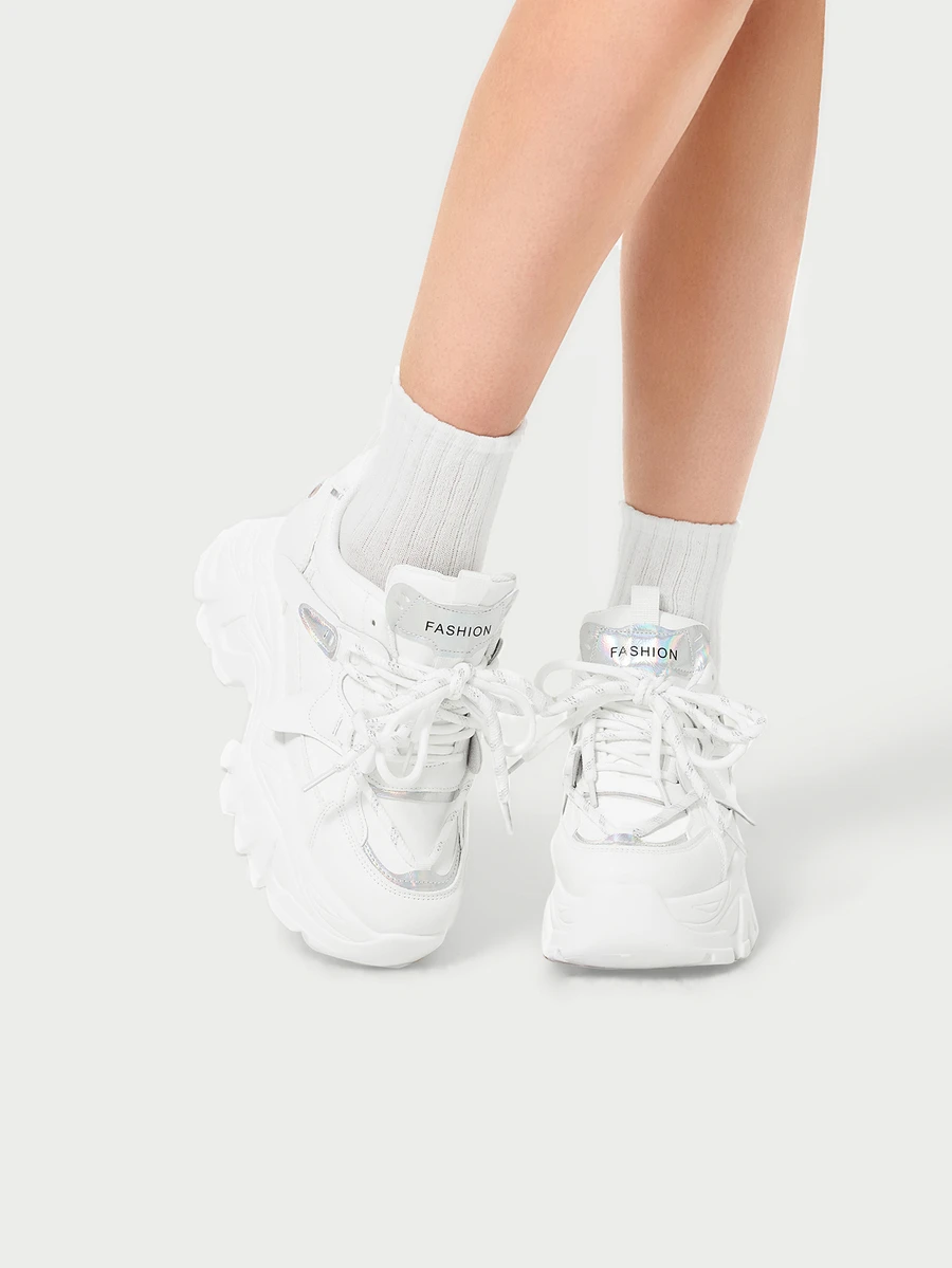 DareSee 白色休闲厚底运动鞋，百搭女士坡跟厚底鞋，适合音乐节 - 銀色 - 查看 1