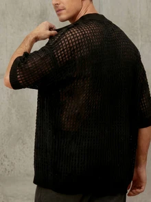 Men's Black Sheer Mesh Knit Cardigan | 23# Print Loose Polo Collar Casual Streetwear Top - Black - View 2