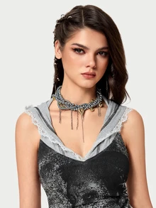 DareSee Dark Style Multi-Layer Faux Pearl Wrapped Golden Heart Tassel Necklace, Women's Contrast Beaded Choker Necklace, Punk Hip-Hop Handmade Beaded Necklace - Grey - View 4