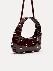 TuEzra Kafe Brown Fashion Vintage Stylish Soft Leather Rivet Decor Crescent Shoulder Bag For Women, Large Capacity, Suitable For Work, Casual And Travel, Autumn/Winter - Coffee Brown - View 4