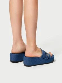 DareSee 女士夏季新款流苏扣带坡跟厚底休闲一脚蹬沙滩凉鞋，百搭 - 藍色 - 查看 2