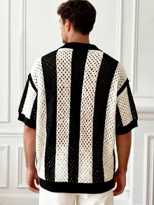 Áo khoác cardigan nam tay ngắn cổ polo cài nút, phối màu tương phản, khoét rỗng. - Đen và trắng - Xem 2