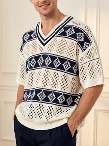 Men's V-Neck Hollow-Out Knit Sweater - Beige And Navy Blue Argyle Pattern Pullover - White - View 1
