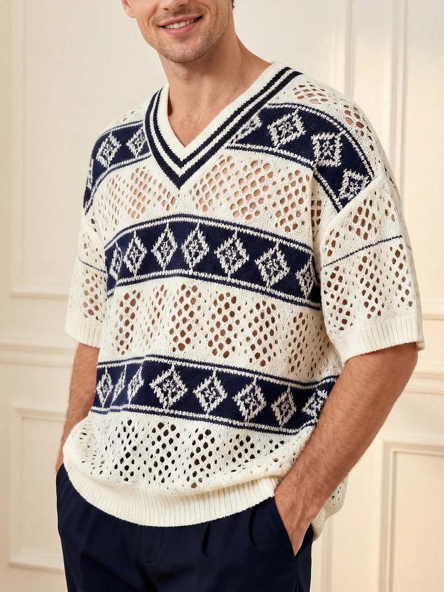 Men's V-Neck Hollow-Out Knit Sweater - Beige And Navy Blue Argyle Pattern Pullover - White - View 1