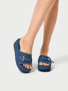 DareSee 女士夏季新款流苏扣带坡跟厚底休闲一脚蹬沙滩凉鞋，百搭 - 藍色 - 查看 1