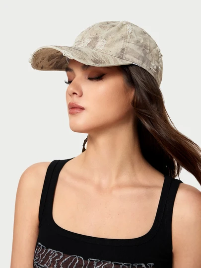 DareSee 1 件软冠做旧迷彩嘻哈长檐棒球帽，复古美式街头风格豹纹棒球帽，百搭时尚夏季防晒帽，返校