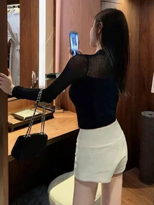 轻薄柔软菱格纹透视显瘦长袖女式毛衣，修身针织上衣，适合外出、约会、度假、晚宴、派对、圣诞节、新年、通勤、春夏穿着。 - 黑色 - 查看 2