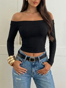 女士露肩修身罗纹长袖上衣，春夏 Y2K 款 - 黑色 - 查看 2