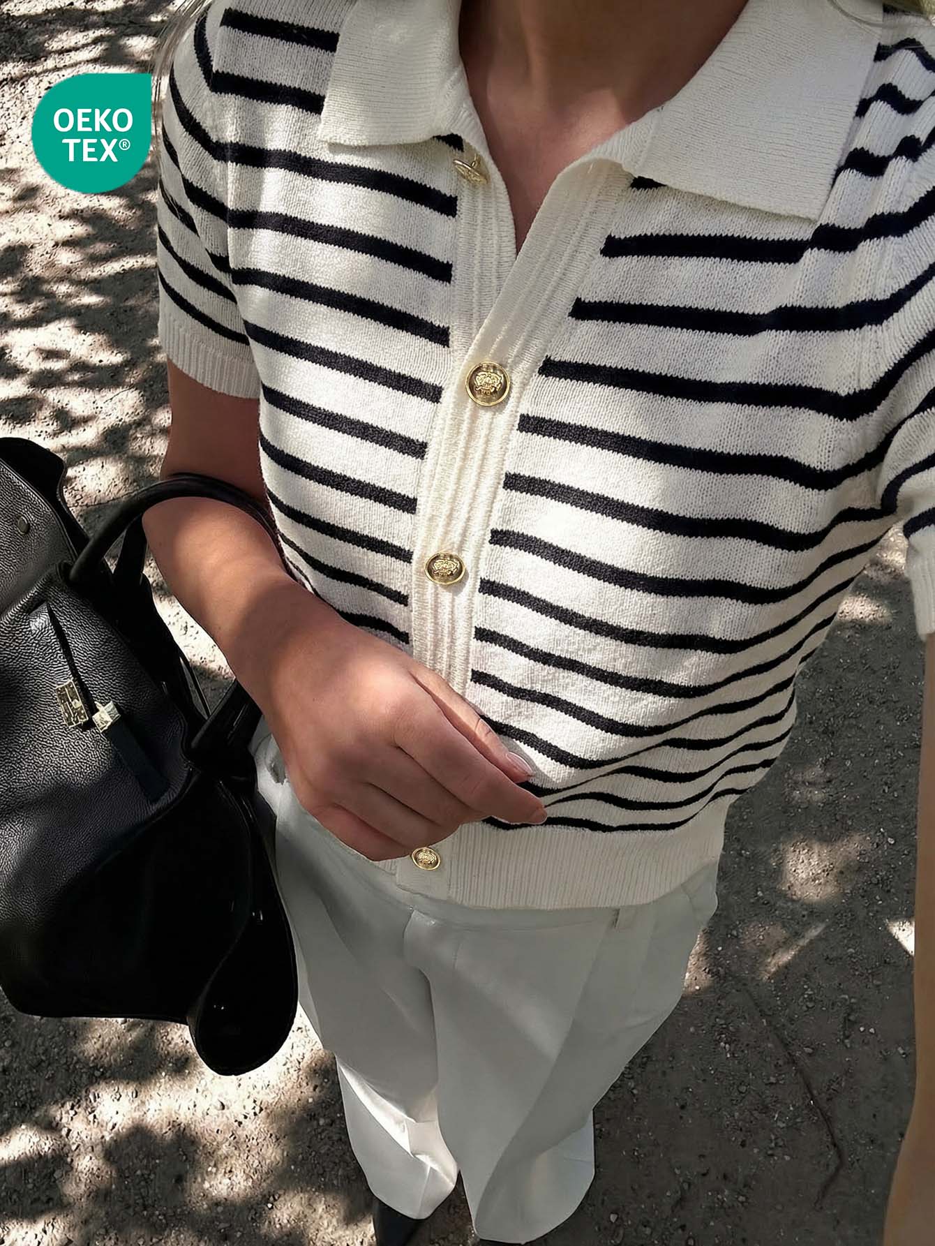 Women's Contrast Stripe Polo Collar Knit Button Front Fitted Short Sleeve Top - Multicolor - View 1