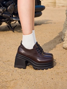 DareSee 10厘米超高跟棕色厚底英伦风小皮鞋，粗跟玛丽珍乐福鞋，通勤百搭系带鞋 - 棕色 - 查看 5