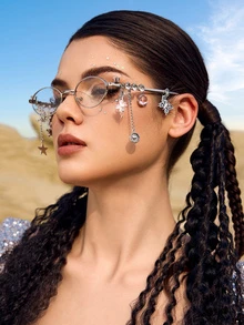 DareSee 1 件椭圆形金属时尚眼镜，奢华水钻镶嵌蝴蝶心形星形吊坠，Y2K 个性化百搭街头摄影女士时尚眼镜 - 彩色 - 查看 2