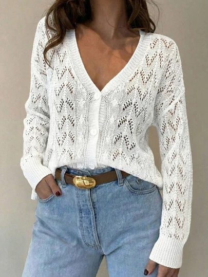 Maglietta casual da donna in maglia traforata con scollo a V, adatta per primavera/estate