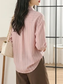 YUXIN 女士复古条纹衬衫，适合春夏穿着，宽松领设计，百搭显瘦，适合通勤、办公和休闲场合。 - 紅色 - 查看 3