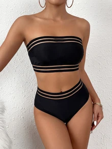 2pcs Mesh Contrast Black Bandeau High Waist Bikini Swimsuit, Suitable For Summer Beach Vacation - Black - View 2