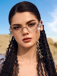 DareSee 1 件椭圆形金属时尚眼镜，奢华水钻镶嵌蝴蝶心形星形吊坠，Y2K 个性化百搭街头摄影女士时尚眼镜 - 彩色 - 查看 4