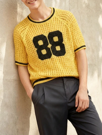 Men's Round Neck Mesh Knit Sweater - Yellow & Black "88" Pattern Casual Pullover