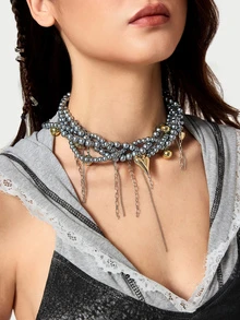 DareSee Dark Style Multi-Layer Faux Pearl Wrapped Golden Heart Tassel Necklace, Women's Contrast Beaded Choker Necklace, Punk Hip-Hop Handmade Beaded Necklace - Grey - View 3