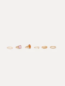 TuEzra 6 st/set Croissant Månsten Vintage Franska Minimalistiska Ringar, Konstgjorda Ädelstenar Personliga Design Metall Retro Ringar Set, Lämpliga För Fester, Gåvor, Vardagskläder - Guld - Visa 2